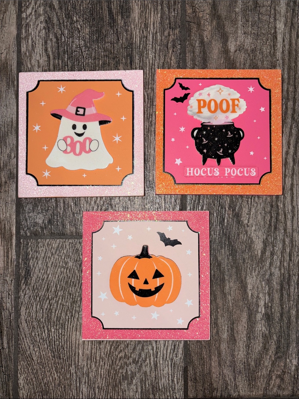 3 Pc Halloween Glitter Square Wood Party Signs - Pink & Orange Girly